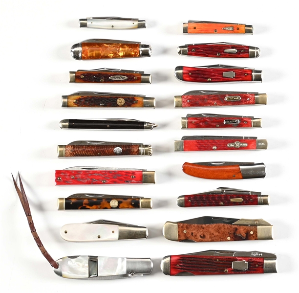 LOT OF 20: CONTEMPORARY 1 AND 2 BLADE FOLDING KNIVES BY A.G. RUSSELL, SHATT & MORGAN, & OTHERS.