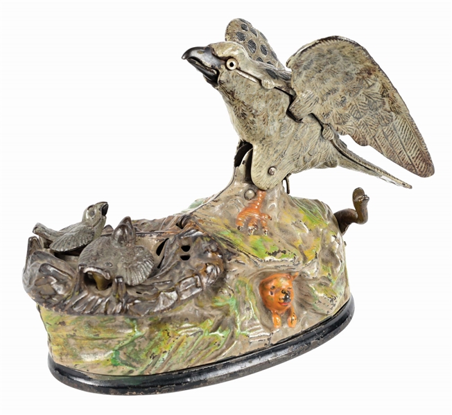 J. & E. STEVENS EAGLE & EAGLETS CAST IRON MECHANICAL BANK 