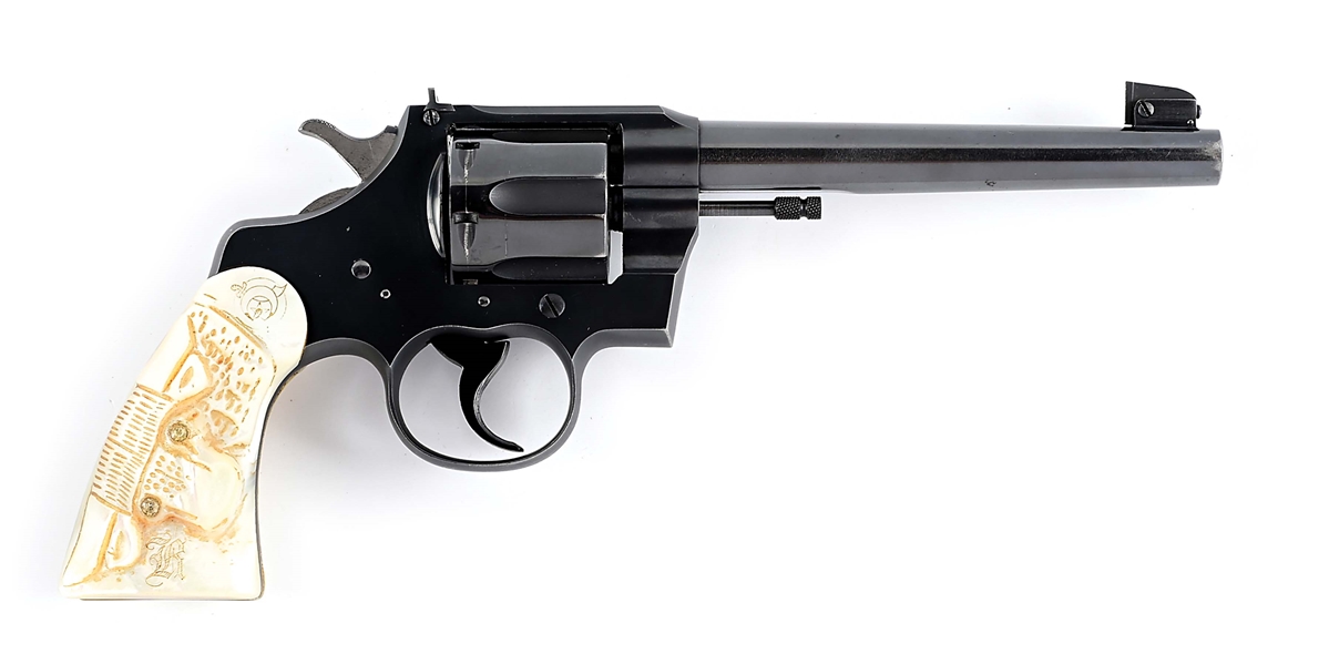 (C) COLT OFFICERS MODEL TARGET .38 DOUBLE ACTION REVOLVER WITH CARVED PEARL GRIPS.