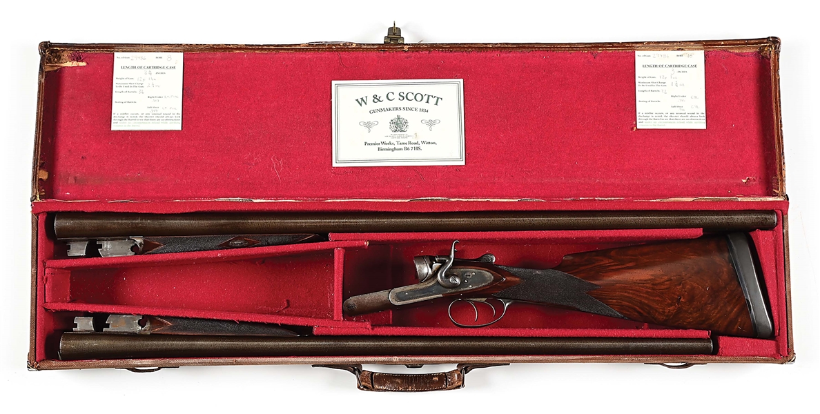 (A) W&C SCOTT SIDE BY SIDE SHOTGUN WITH 8 GAUGE SHOT BARRELS AND 10 GAUGE BALL BARRELS.