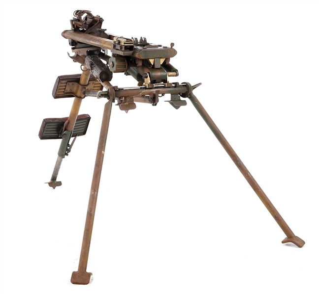 DESIRABLE CAMOFLAGE PAINTED GERMAN WWII MG-34 MACHINE GUN LAFETTE TRIPOD.