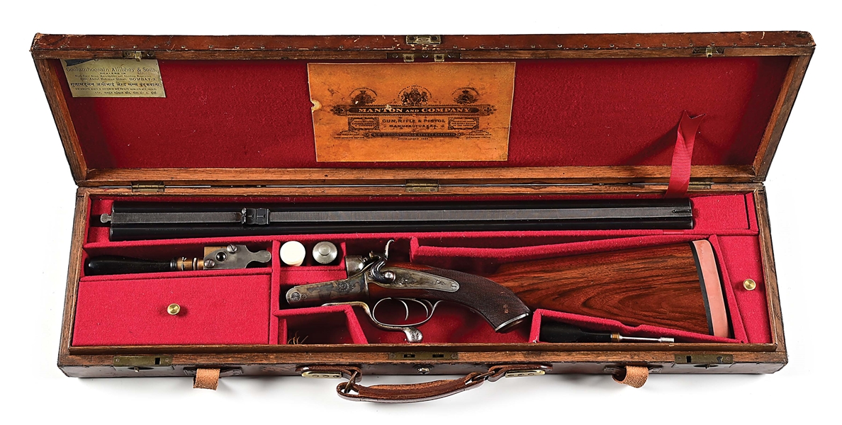 (A) MANTON & CO .577 BPE HAMMER FIRED DOUBLE RIFLE WITH CASE AND IDENTIFICATION TO CAPTAIN GEORGE ALEXANDER HARRISON, 79TH CAMERON HIGHLANDERS