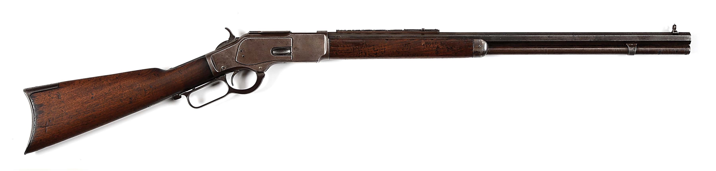 (A) WINCHESTER MODEL 1873 LEVER ACTION RIFLE WITH DESIRABLE SEVEN LEAF EXPRESS SIGHT (1891).