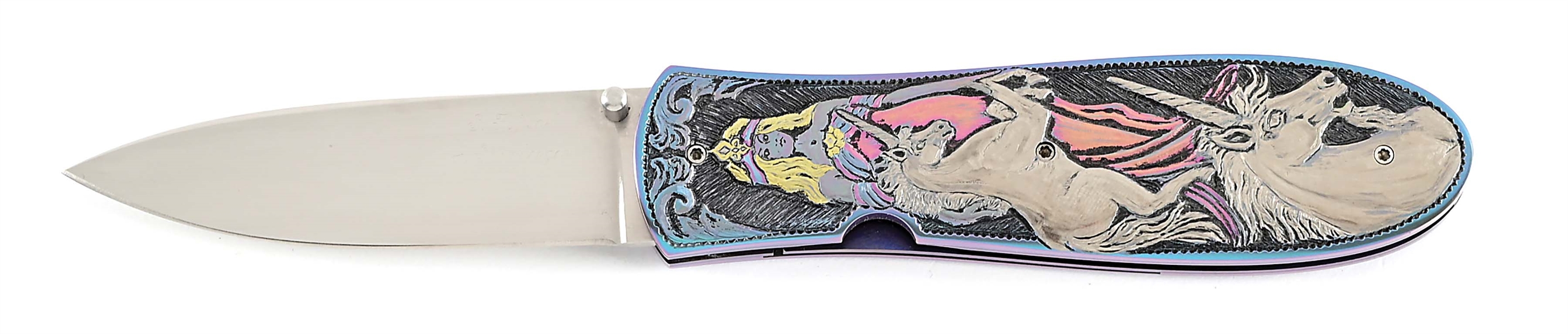 UNICORN THEMED FOLDING KNIFE BY STAN FUJISAKA AND JIM SORNBERGER.