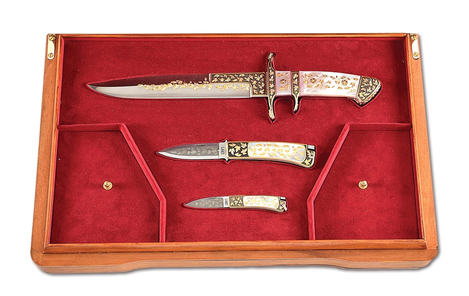 TRIO OF RON LAKE KNIVES EMBELLISHED BY BARRY LEE HANDS.