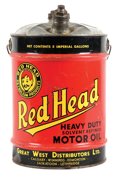 RED HEAD HEAVY DUTY MOTOR OIL FIVE GALLON CAN W/ KID GRAPHIC. 