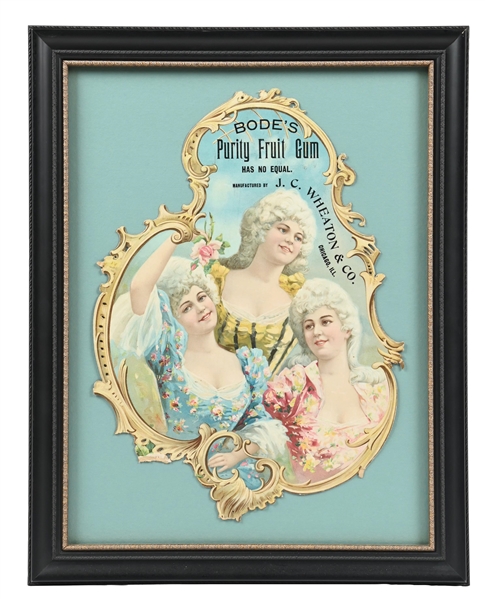 BODES PURITY FRUIT GUM DIE-CUT CARDSTOCK LITHOGRAPHED W/ VICTORIAN WOMAN GRAPHICS