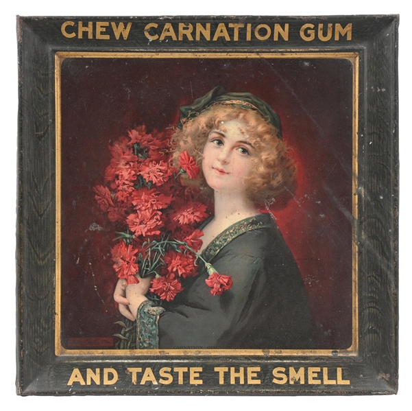 CARNATION CHEWING GUM SELF FRAMED TIN LITHOGRAPHED W/ CARNATION GIRL GRAPHIC