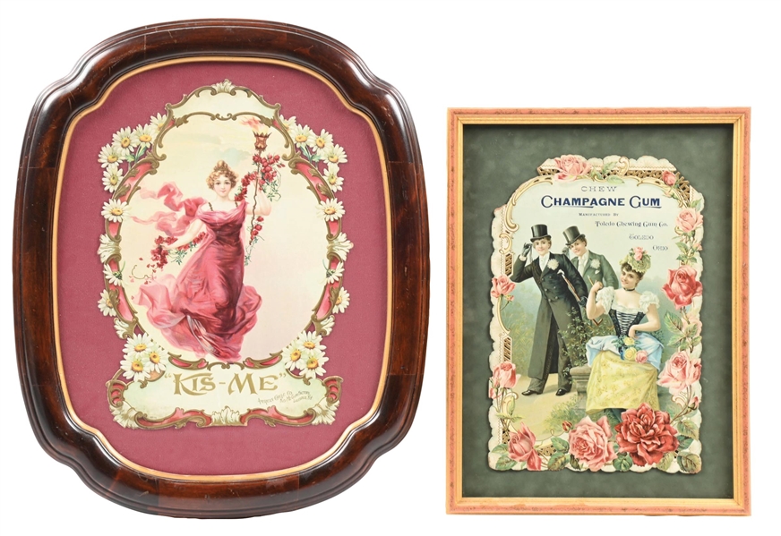 COLLECTION OF 2 CHAMPAGNE & KIS-ME GUM CARDSTOCK LITHOGRAPHED W/ BEAUTIFUL WOMAN GRAPHIC