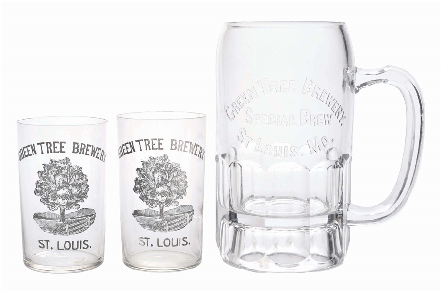 LOT OF 3: GREEN TREE BREWERY ACID-ETCHED & EMBOSSED BEER GLASSES