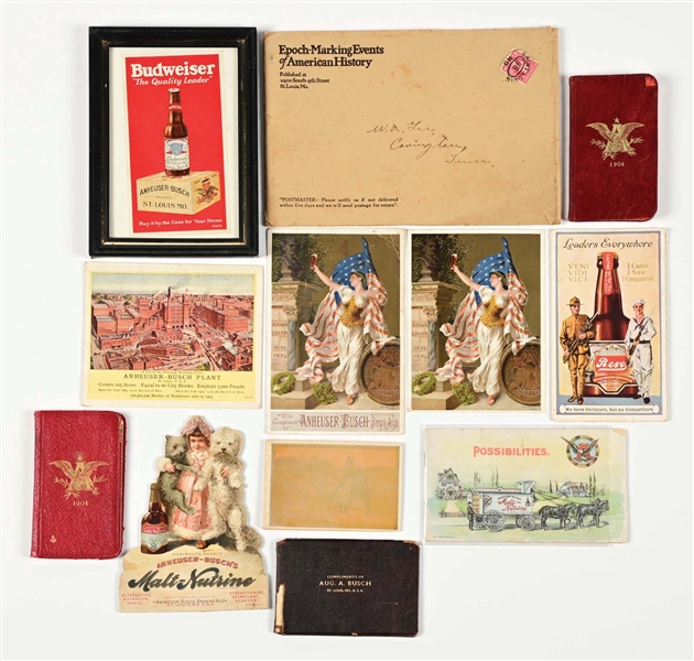 LOT OF MISCELLANEOUS ANHEUSER-BUSCH & MALT-NUTRINE TRADE CARDS, SIGNS, NOTEBOOKS & DECAL TRANSFERS