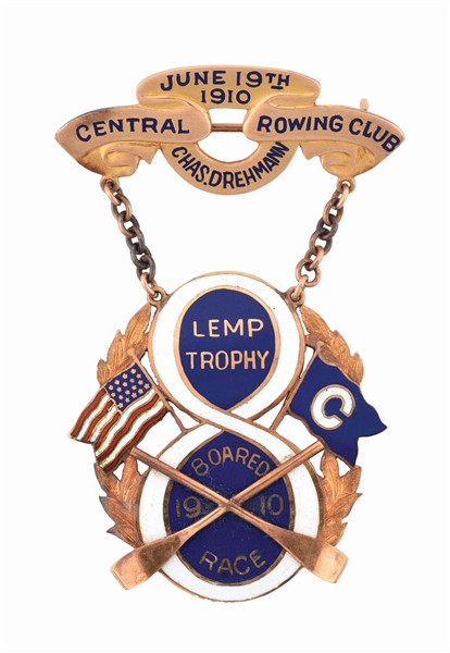 1910 LEMP TROPHY CENTRAL ROWING CLUB BOARDED RACE BADGE