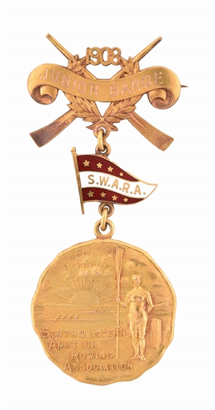 1908 S.W.A.R.A. MEDAL SOUTHWESTERN AMATEUR ROWING ASSN. JUNIOR BARGE BADGE