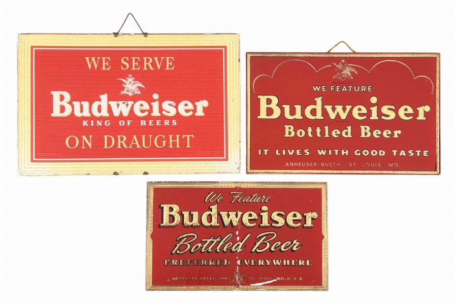 LOT OF 3: ANHEUSER-BUSCH BUDWEISER REVERSE GLASS HANGING SIGNS