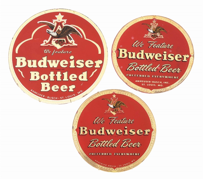 LOT OF 3: ANHEUSER-BUSCH BUDWEISER BOTTLED BEER REVERSE GLASS SIGNS