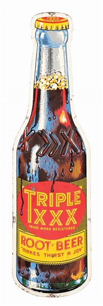 TIN TRIPLE XXX ROOT BEER DIE-CUT BOTTLE SIGN. 