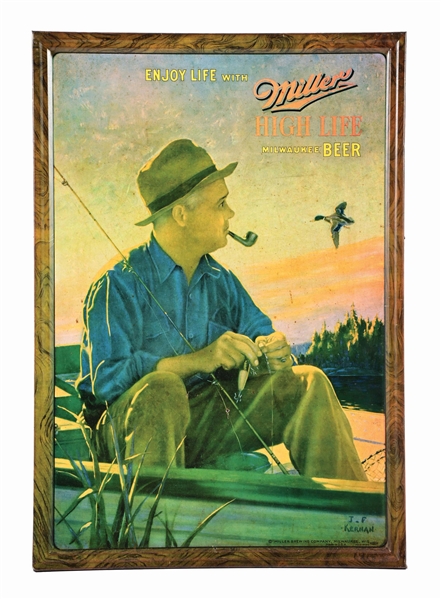 MILLER HIGH LIFE MILWAUKEE BEER SELF FRAMED TIN LITHOGRAPH FISHING SIGN