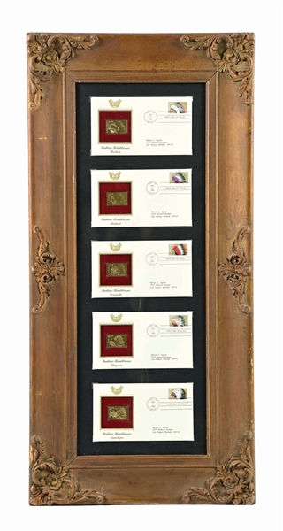 FRAMED NATIVE AMERICAN HEADDRESSES METAL TOKENS