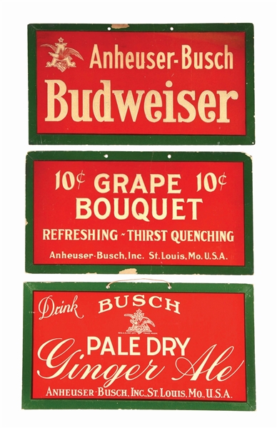 LOT OF 3: ANHEUSER-BUSCH BUDWEISER GINGER ALE GRAPE BOUQUET HANGING CARDBOARD SIGNS