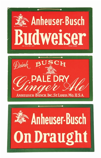 LOT OF 3: ANHEUSER-BUSCH BUDWEISER & GINGER ALE CARDBOARD HANGING SIGNS