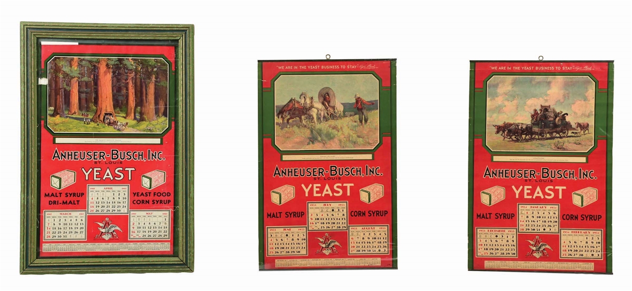 LOT OF 3: ANHEUSER-BUSCH, INC. YEAST LITHOGRAPH CALENDARS, 1933, 1934 & 1937