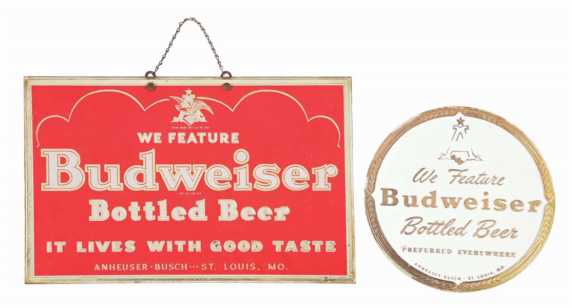 PAIR OF ANHEUSER-BUSCH BUDWEISER REVERSE GLASS HANGING SIGNS