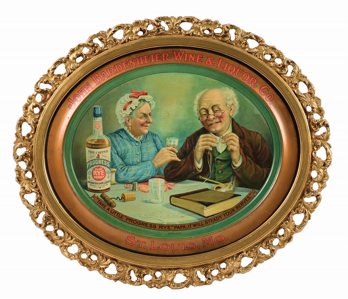 JOHN BARDENHEIER WINE & LIQUOR CO. OVAL SELF FRAMED TIN LITHOGRAPH SIGN