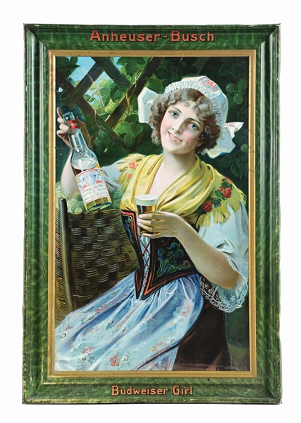 ANHEUSER-BUSCH "BUDWEISER GIRL" SELF-FRAMED TIN LITHOGRAPH