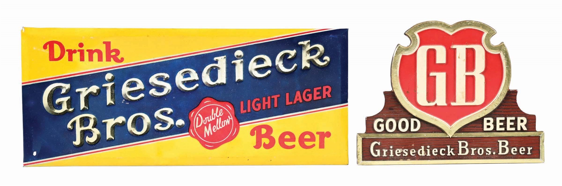 LOT OF 2: GRIESEDIECK BROS. BEER TIN OVER CARDBOARD & COMPOSITE SIGNS