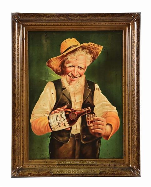 PAUL JONES PURE RYE WHISKEY SELF FRAMED TIN LITHOGRAPH SIGN