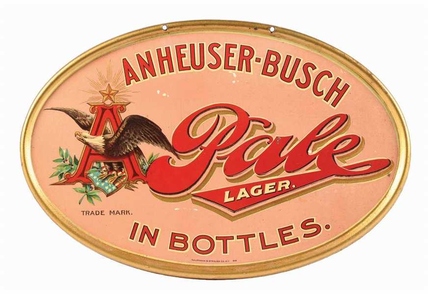 ANHEUSER-BUSCH PALE LAGER IN BOTTLES SELF-FRAMED TIN OVAL SIGN