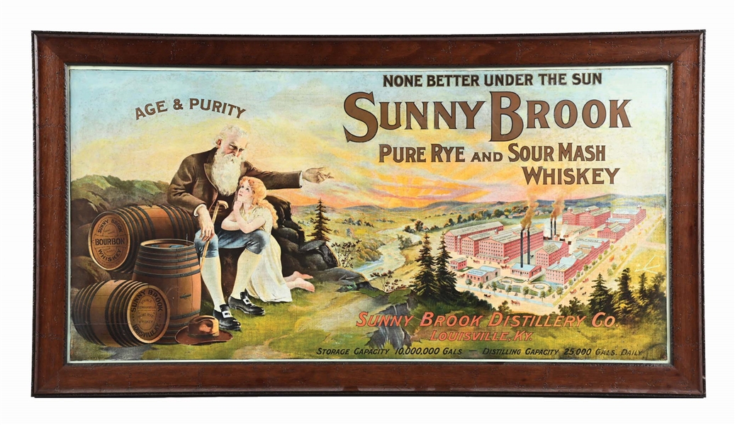 SUNNY BROOK PURE RYE WHISKEY TIN LITHOGRAPH SIGN