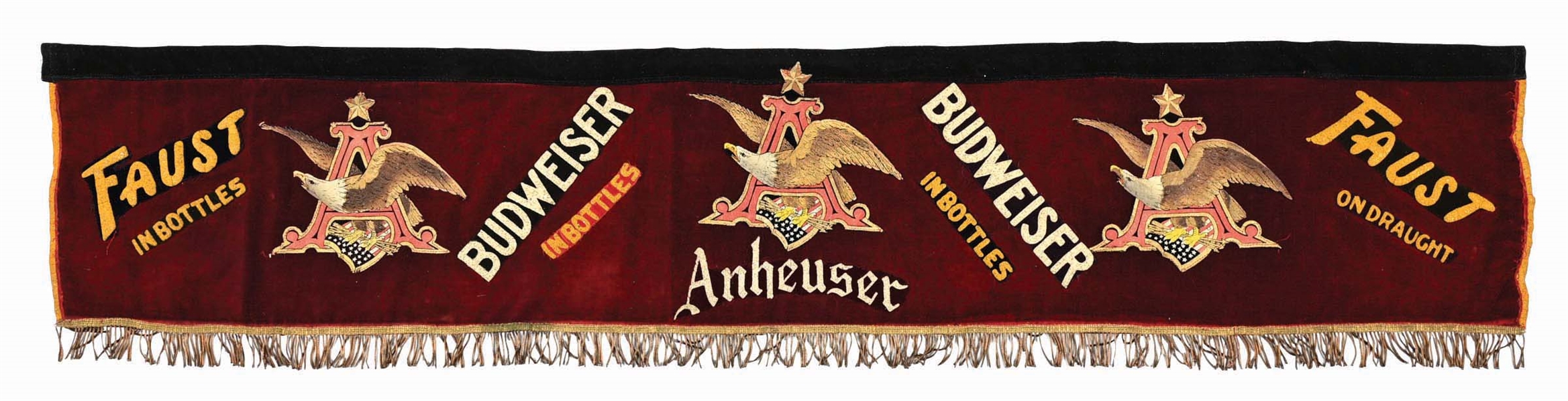 ANHEUSER-BUSCH BUDWEISER & FAUST IN BOTTLES VELVET FRINGED HANGING BANNER