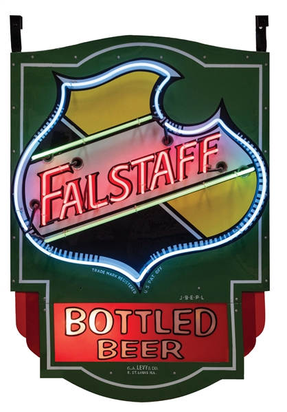 FALSTAFF BEER DOUBLE-SIDED PORCELAIN SIGN W/ BOTTLED BEER GLASS FACE INSERTS