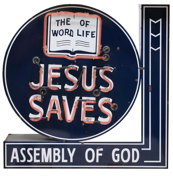 ASSEMBLY OF GOD PORCELAIN NEON SIGN W/ BIBLE GRAPHIC