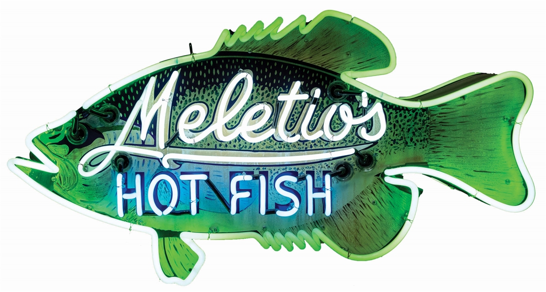 MELETIOS HOT FISH DOUBLE-SIDED PORCELAIN SIGN W/ FISH GRAPHIC 