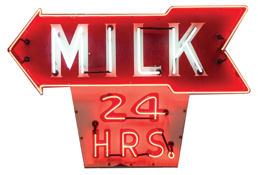 MILK 24 HOURS PORCELAIN NEON SIGN W/ ARROW GRAPHIC