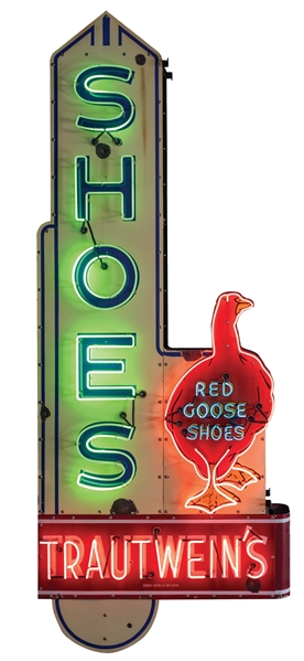 LARGE & IMPRESSIVE RED GOOSE SHOES PORCELAIN NEON SIGN W/ RED GOOSE GRAPHIC