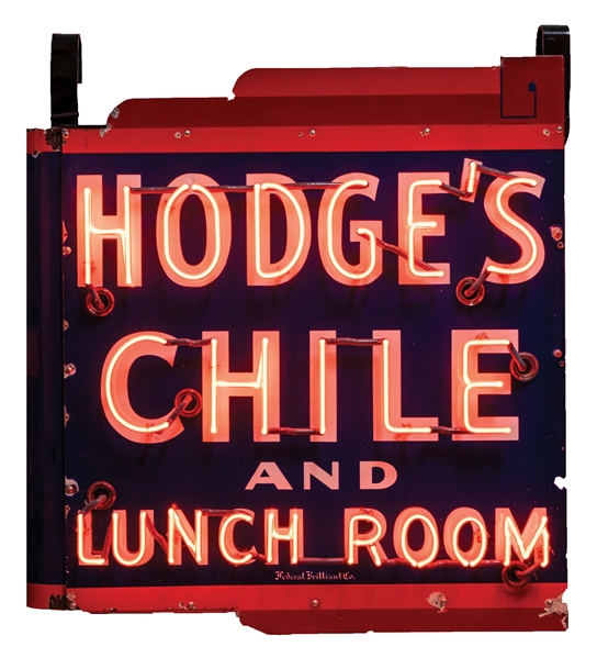 HODGES CHILI AND LUNCH ROOM DOUBLE-SIDED PORCELAIN NEON SIGN