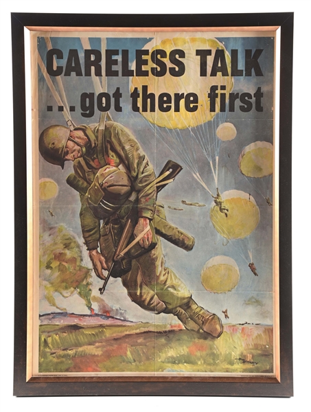 FRAMED WWII "CARELESS TALK GOT THERE FIRST" PARATROOPER POSTER.