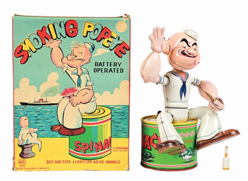 LINE MAR TIN LITHO BATTERY-OPERATED SMOKING POPEYE TOY W/ SCARCE ORIGINAL BOX W/ CARDBOARD INSERT