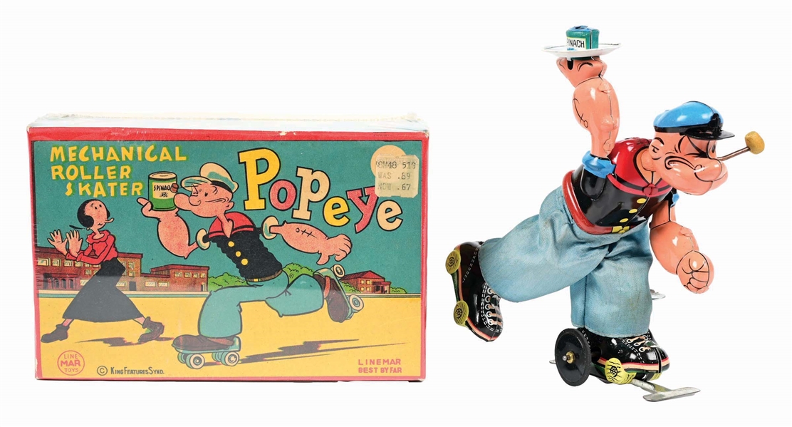 LINE MAR TIN LITHO WIND-UP MECHANICAL POPEYE ROLLER SKATER IN ORIGINAL BOX