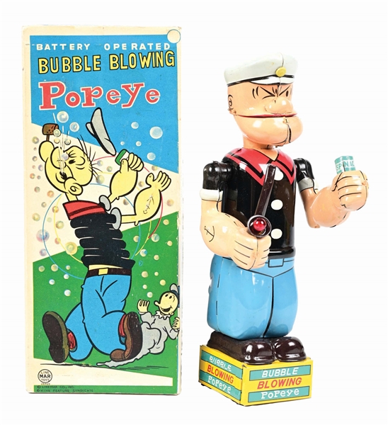 LINE MAR TIN LITHO BATTERY-OPERATED BUBBLE BLOWING POPEYE TOY W/ SCARCE BOX