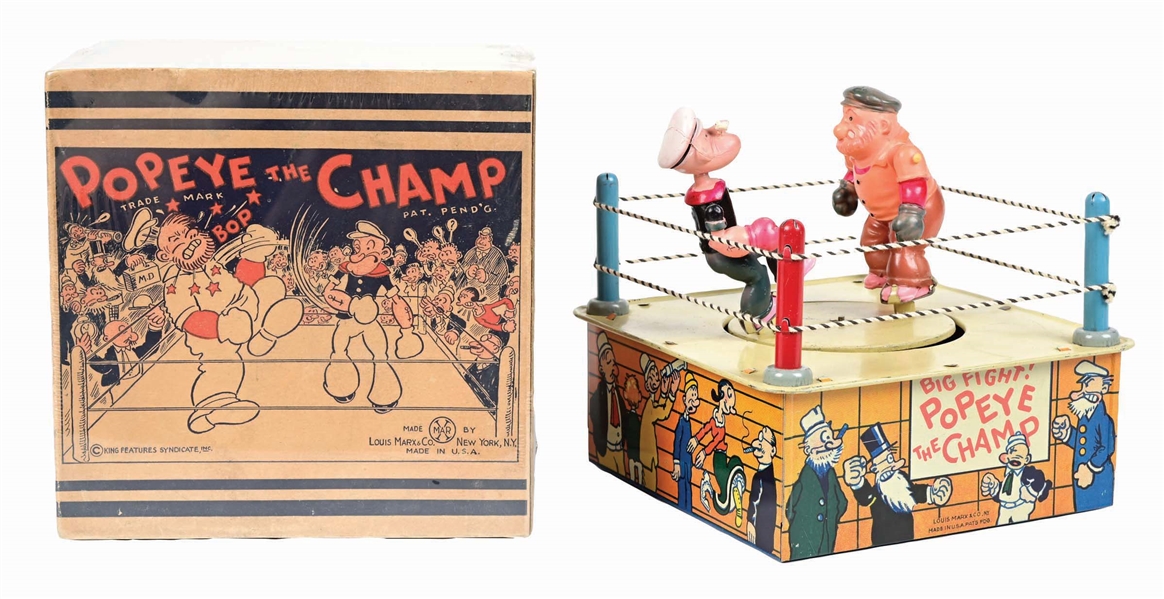 MARX TIN LITHO & CELLULOID WIND-UP POPEYE THE CHAMP TOY W/ ORIGINAL BOX