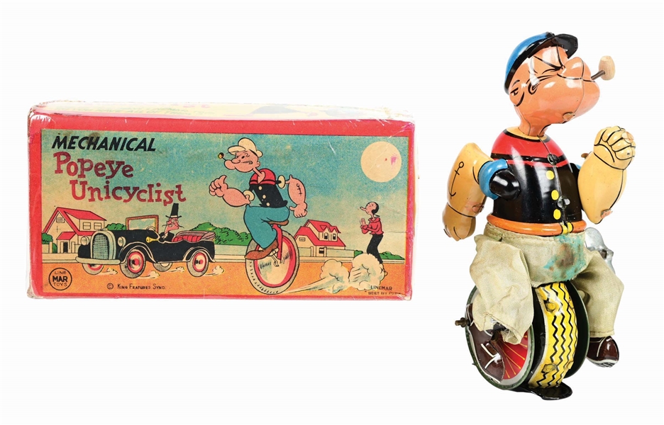 LINE MAR TIN LITHO WIND-UP POPEYE UNICYCLIST W/ RARE ORIGINAL BOX