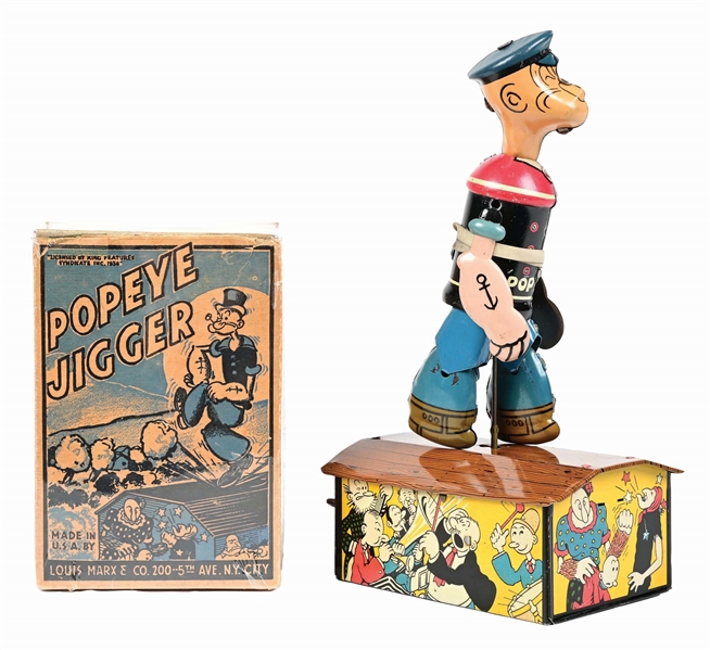 MARX TIN LITHO WIND-UP POPEYE JIGGER ON RUTH TOY W/ ORIGINAL BOX