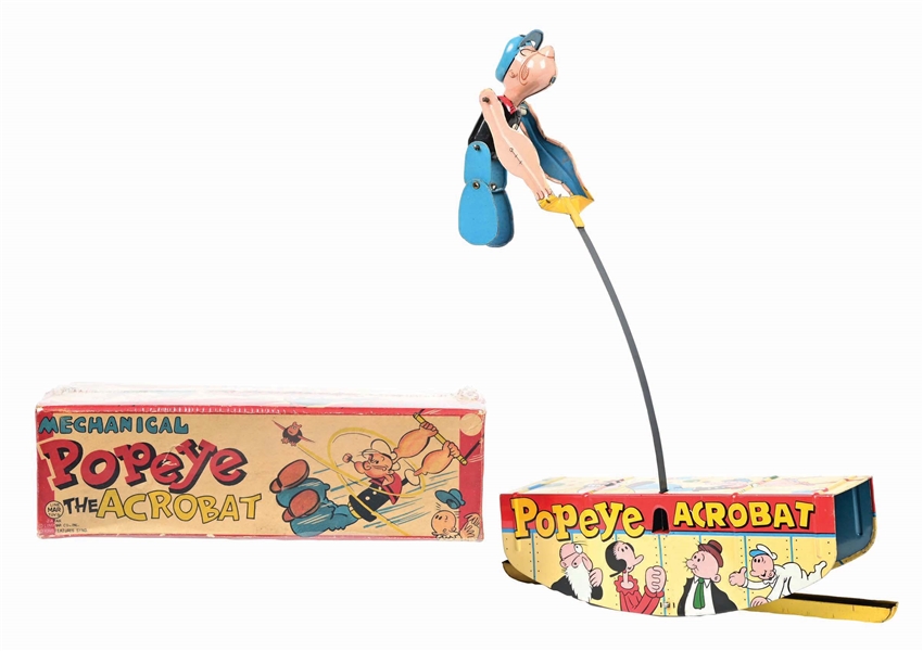 LINE MAR TIN LITHO WIND-UP POPEYE THE ACROBAT TOY W/ EXCEEDINGLY RARE ORIGINAL BOX