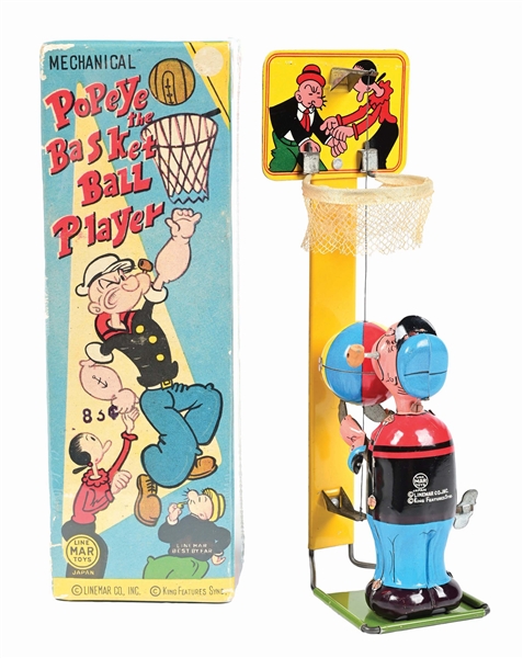 LINE MAR TIN LITHO WIND-UP POPEYE BASKETBALL PLAYER TOY W/ ORIGINAL BOX