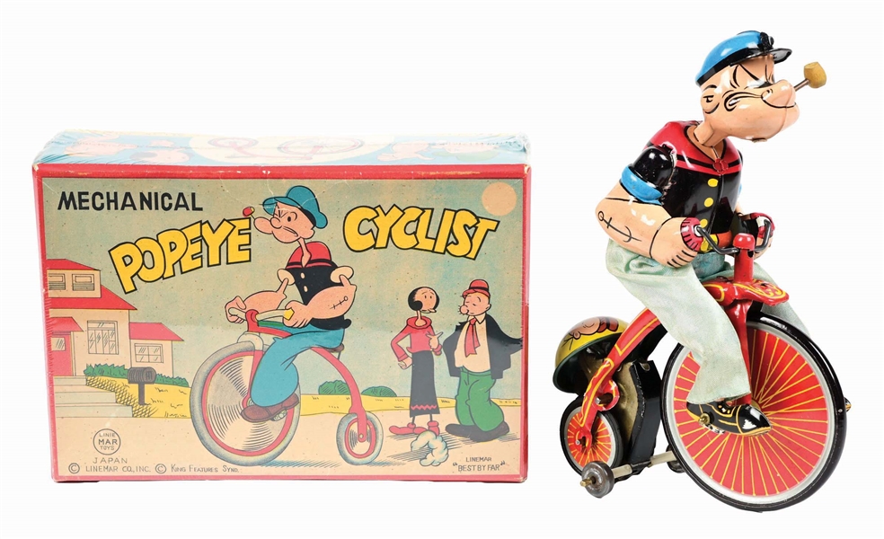 LINE MAR TIN LITHO WIND-UP POPEYE CYCLIST W/ SCARCE ORIGINAL BOX