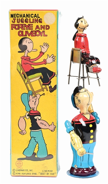 TIN LITHO WIND-UP JUGGLING POPEYE & OLIVE OYL IN ORIGINAL BOX